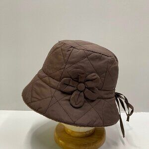 Quilted Bucket Hat Brown Flower Detail